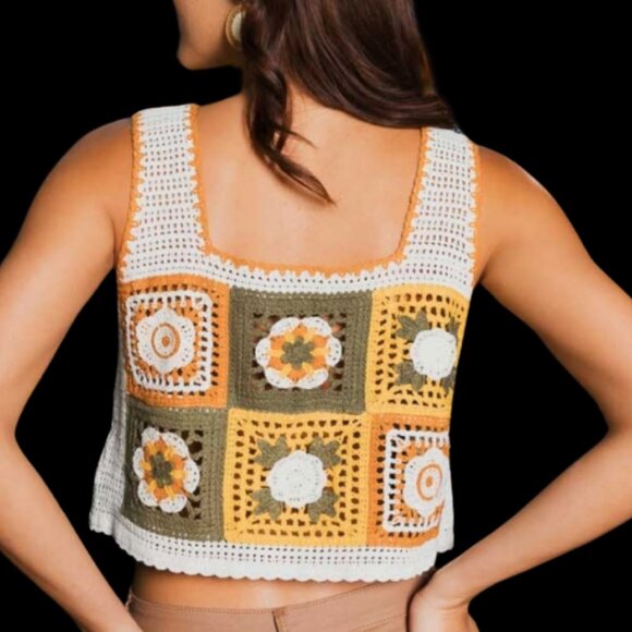 Crochet Crop Tank Top Floral Mosaic Embroidered Mustard Olive Green White - Picture 2 of 5